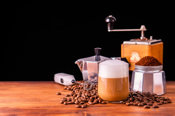 Fresh cafe for refresh caffeine white cup roasted organic coffee bean farm in vintage wood grinder classic metal coffee pot for black espresso and glass cream foam milk cappuccino latte