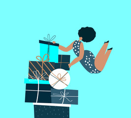 Happy Smiling African Dark Skin Woman with Wrapped Huge Gift Boxes,Christmas Present,New Year Holiday.Glass of Champagne.Celebrating Festive Purchases.Sale Shopping Flyer Advertising Flat illustration