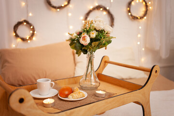 Breakfast in bed, flowers, tea and buns, beautiful food, candles. Dinner in the bedroom. New Year's sides, lights. Christmas breakfast. Pastries