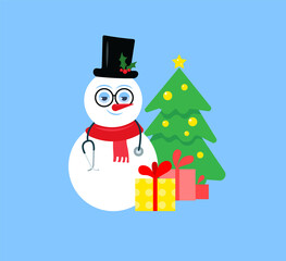 Snowman with a stethoscope. New year's card for the clinic. Vector illustration.