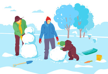 Winter recreation in the Park. Family makes a snowman.