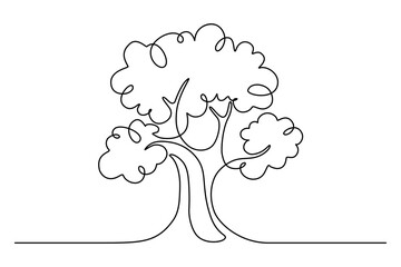 Tree in continuous line art drawing style. Giant and powerful tree black linear design isolated on white background. Vector illustration