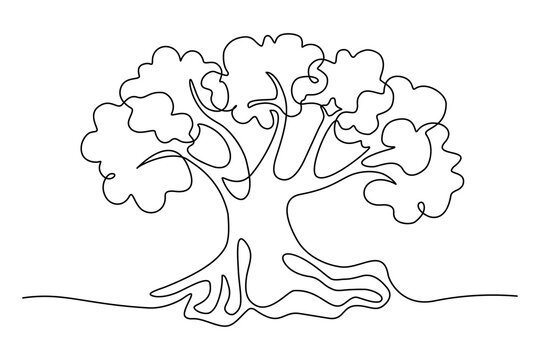 Tree in continuous line art drawing style. Old tree with thick trunk and huge roots black linear design isolated on white background. Vector illustration