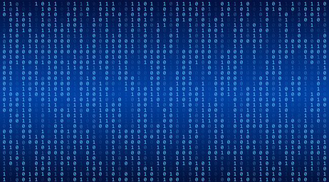Blue matrix background. Stream of binary code. Falling numbers on dark backdrop. Digital computer code. Coding and hacking. Vector illustration.