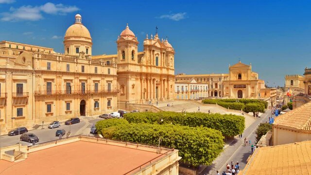 Noto - April 2019, Sicily, Italy: View of the medieval town of Noto, the capital of the baroque style. Time-lapse video