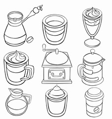 Coffee and tea line icons. Latte espresso and cappuccino coffee cups, symbols mugs with steam and take away cups with tea. illustrations icon. Vector illustration