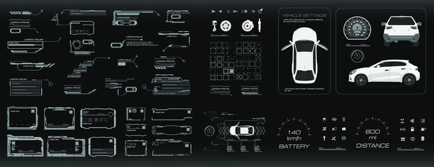Car user interface HUD, GUI, UI. Complete vehicle equipment. Options, power settings, electronics. Virtual graphical interface with vehicle settings and options