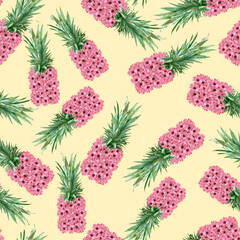 Floral pink pineapple repeated pattern on yellow background