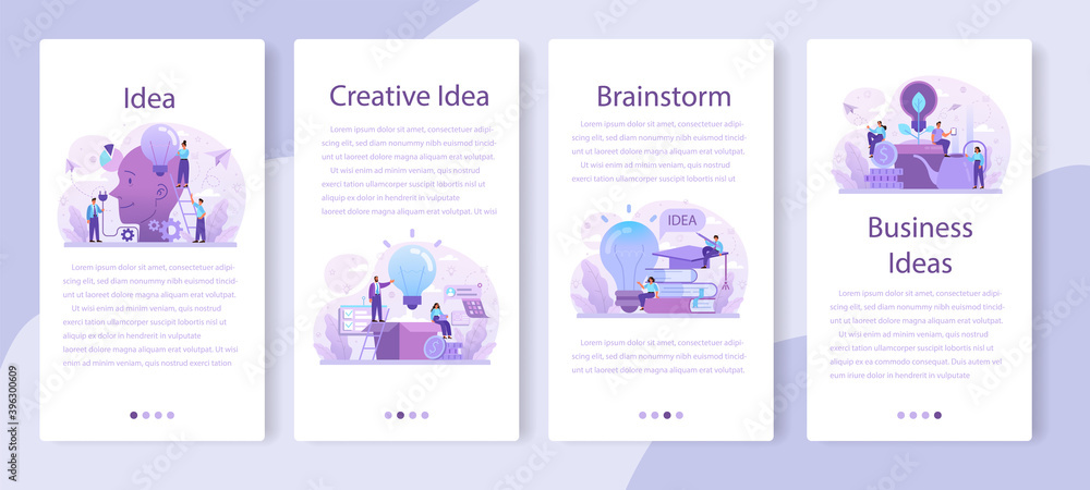 Poster idea mobile application banner set. creative innovation and brainstorm.