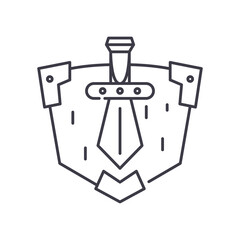 Guard and sword icon, linear isolated illustration, thin line vector, web design sign, outline concept symbol with editable stroke on white background.