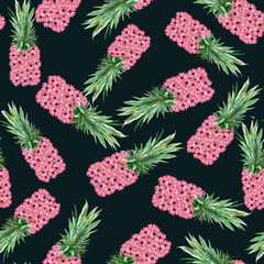 Floral pink pineapple repeated pattern on black background