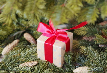 Fototapeta na wymiar Christmas gift box with red bow among fir branches.Christmas greeting or postcard.