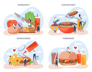Fast food, burger house concept set. Chef cook tasty hamburger