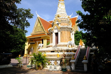 Cambodia Phnom Penh - Botumvatey Temple area with historical decorative designed outbuilding