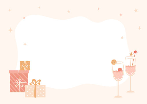 Template for text or photo. Christmas banner sample with frame and copy space. Design concept for New Year greeting cards, party, invitation. Vector illustration in pastel colors, champagne, gifts set