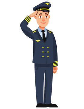 Airplane pilot giving salute. Male character in cartoon style.
