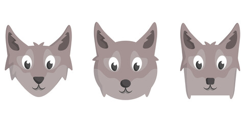 Set of cartoon wolves. Different shapes of animal faces.