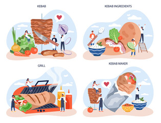Kebab street food concept set. Chef cooking delicious roll