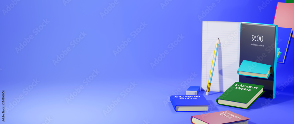 Aufkleber 3d rendering of mobile and colorful books, pencil on blue background. the future of internet learnin