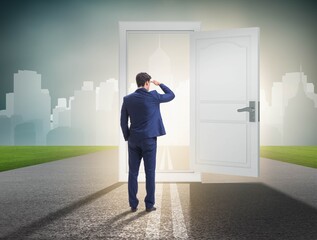 Businessman in front of door in business opportunities concept