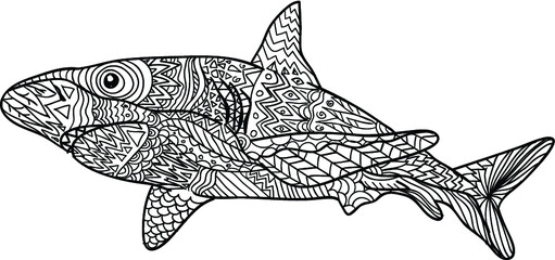 hand drawn illustration with shark. Coloring anti stress black and white.