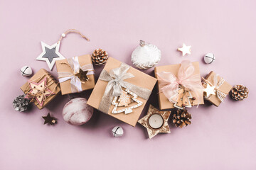 Festive Christmas background with gift boxes and Christmas decorations