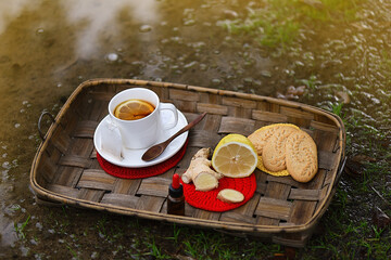 Breakfast tray with ginger hot lemon to prevent colds in winter