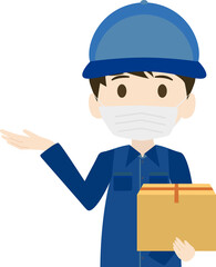 マスクをして案内する男の配達員のイラスト