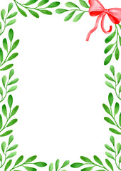 Watercolor Christmas frame with mistletoe leaves and ribbon bow. Hand painted vertical rectangular floral border isolated on white background with copy space. Template for xmas, New year card, banner.
