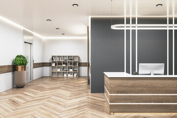 Contemporary office hall with wooden reception desk, bookcase and elevator. © Who is Danny