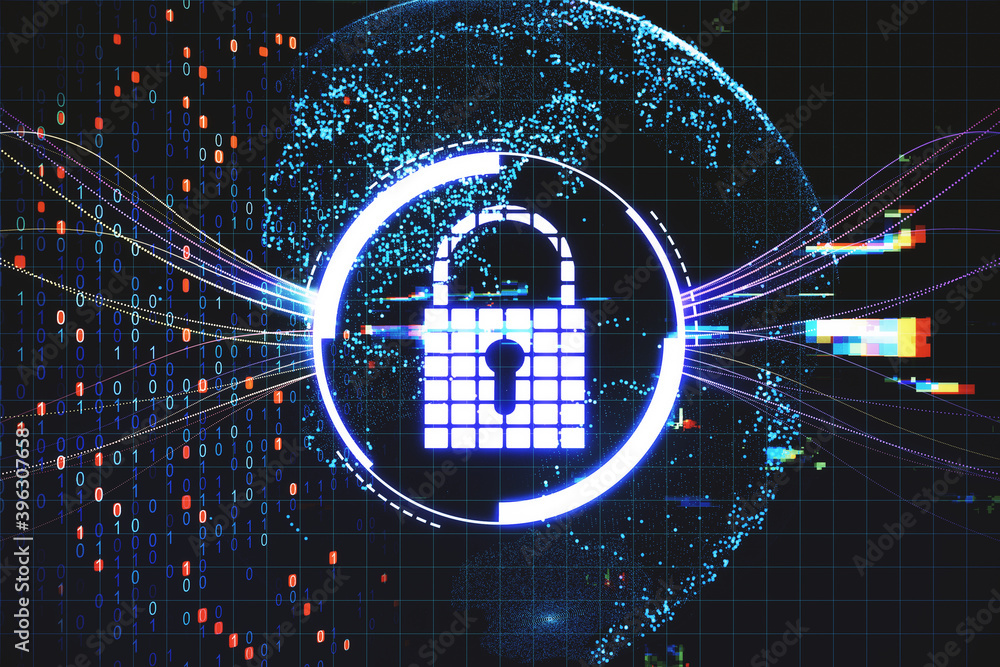 Poster Closed lock icons with cyber security network interface