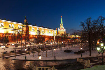 Winter Moscow. View of the Alexander garden at the Kremlin walls. Russia