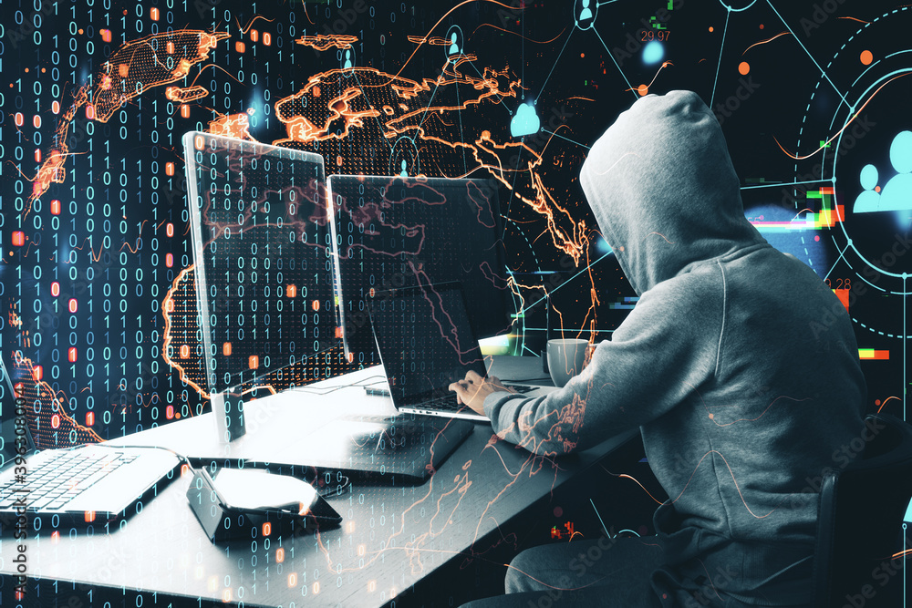 Poster Hacker at desktop using laptop with digital ear