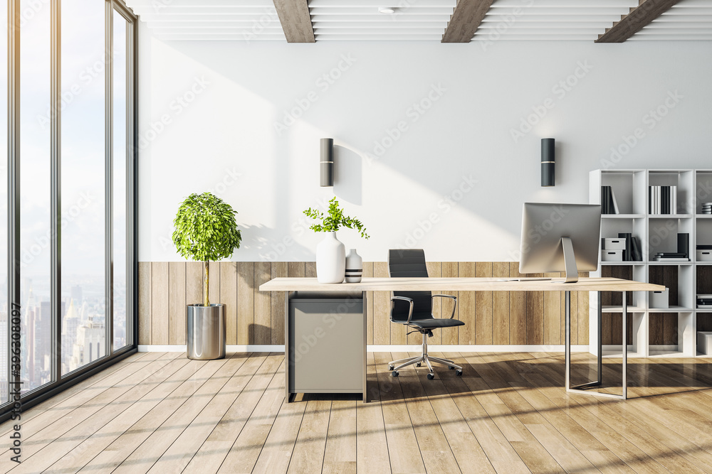 Poster contemporary spacious office with computer on table