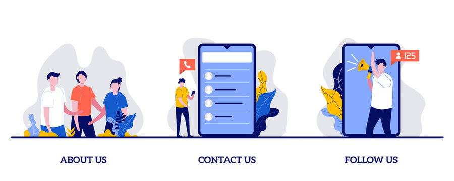 About us, contact us, follow us concept with tiny character and icons. Customer loyalty and technical support abstract vector illustration. Clients hotline, website information metaphor