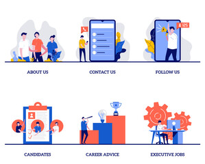 Candidates, career advice, executive jobs concept with tiny character and icons. Employees hiring abstract vector illustration set. Recruitment and headhunting agency, employment service metaphor