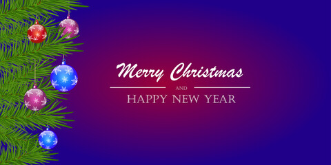 Merry Christmas and Happy New Year background. Christmas tree branches with New Year's toys on a purple background. Vector illustration