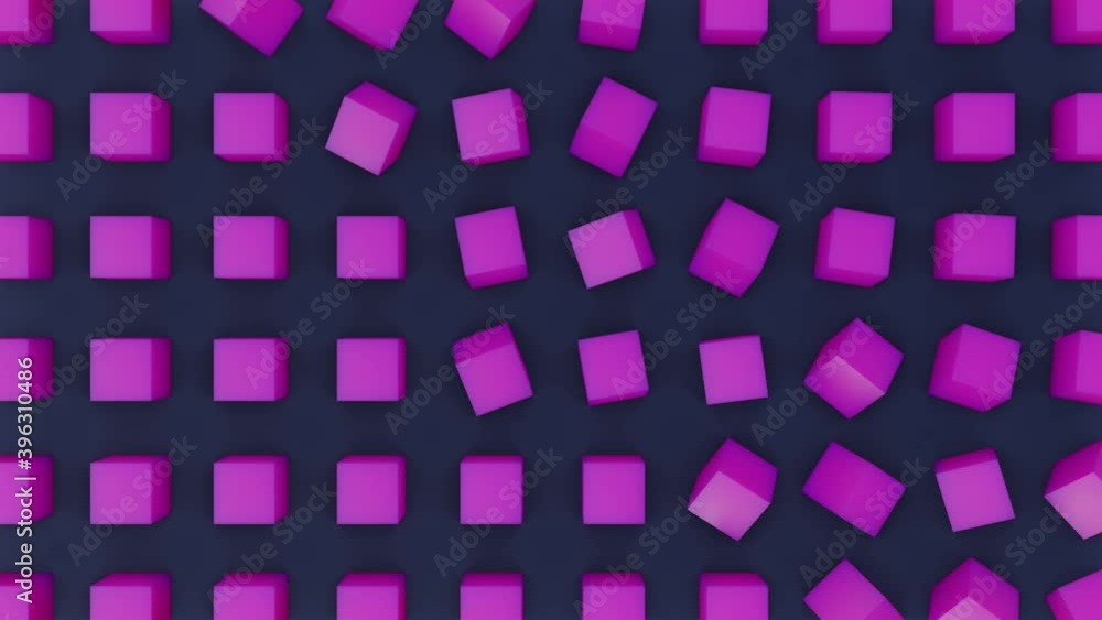 Poster seamlessly looped 3d animation of rotation of purple cubes