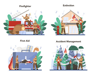 Fireman concept set. Professional fire brigade firhting with flame
