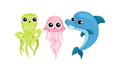 Funny Marine Animal with Octopus and Dolphin Vector Set