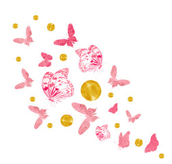 Flock of silhouette butterflies on white