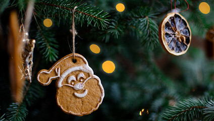 Christmas tree decoration on green branch of pine with sweet gingerbread santa claus and sparkle light. December winter and christmas. Banner.