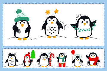 Set of winter illustrations with beautiful colored penguins. Children's pictures for games and printing. Hand drawn illustration isolated on white background.