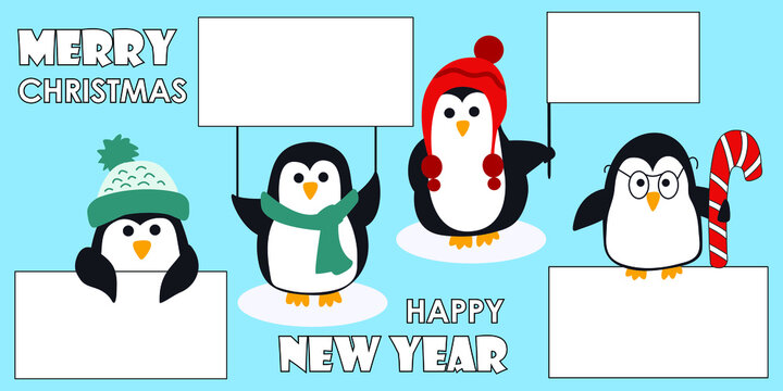 Vector winter illustration for inscriptions with penguins. Pictures for printing, where you can write or draw something. Hand-drawn illustration on a blue background.