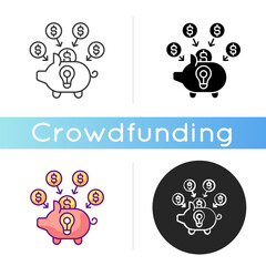 Crowdfunding icon. Practice of funding project or venture by raising small amounts of money from a large number of people. Linear black and RGB color styles. Isolated vector illustrations