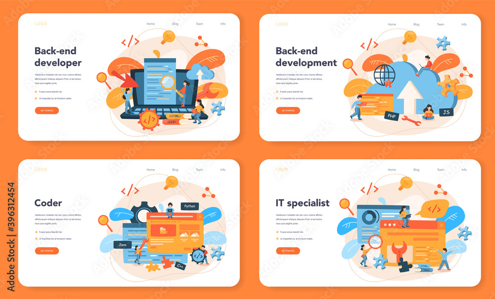 Poster back end development web banner or landing page set. software