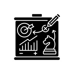 Marketing plan black glyph icon. Commercial company growth and audience attraction ideas generation. Business development strategy silhouette symbol on white space. Vector isolated illustration