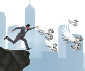 Businessman chasing angel dollars in business concept
