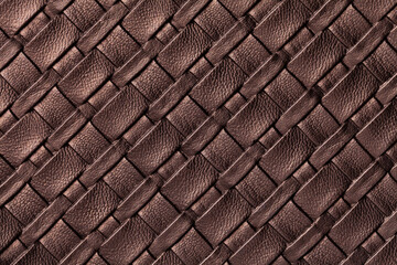 Texture of dark brown leather background with wicker pattern, macro