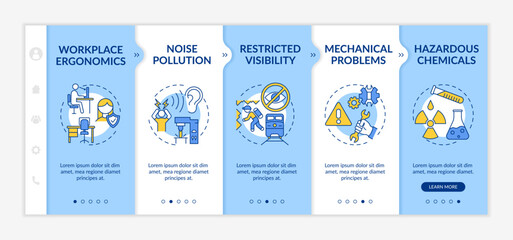Workplace safety concerns onboarding vector template. Workplace ergonomics. Noise pollution. Responsive mobile website with icons. Webpage walkthrough step screens. RGB color concept
